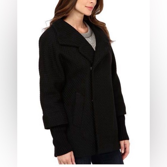 Calvin Klein Black Asymmetrical Coat Peacoat w/Knit Sleeves Size 10 Oversized - Picture 3 of 14
